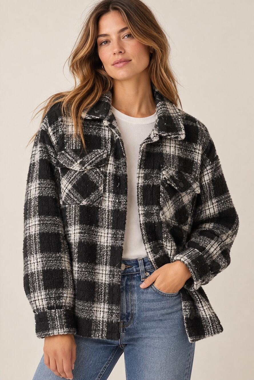 Thread & Supply Plaid Polar Fleece Jacekt Black Ivory